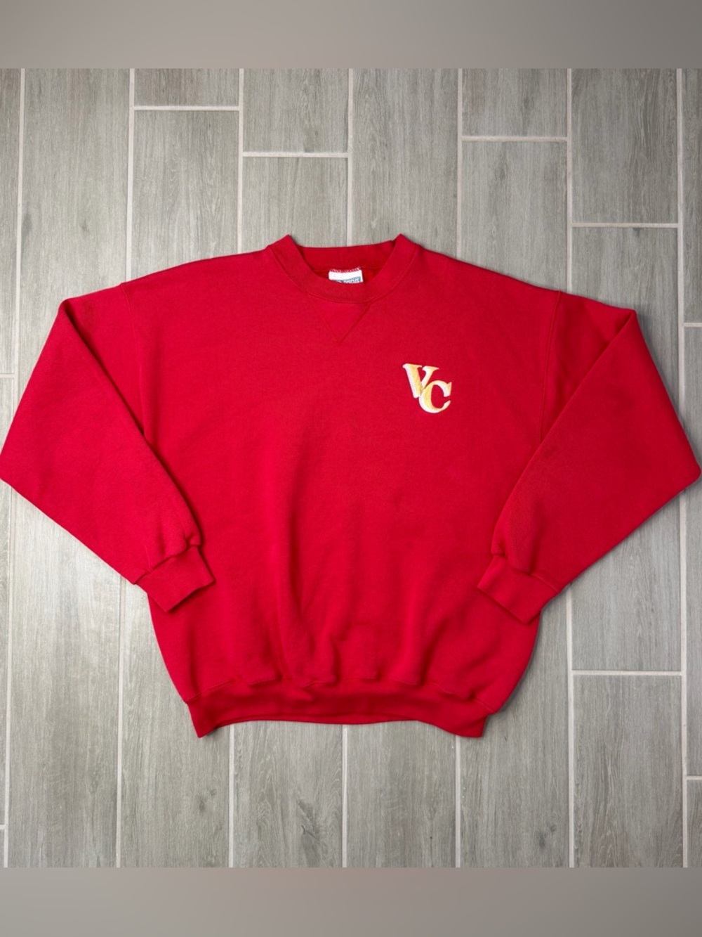 Vtg Discus Athletic Red Fleece Embroidered Crewneck Pullover Sweatshirt Men's L